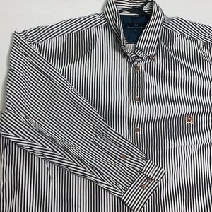 Woods & Woods Mens XXL Navy Blue White Striped Cotton Button Down Shirt Logo